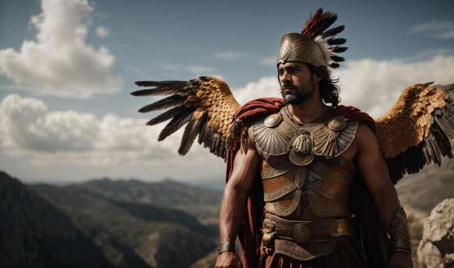 Ancient Literature and Feather Motifs: A warrior stands atop a mountain, a feathered talisman clutched in their hand