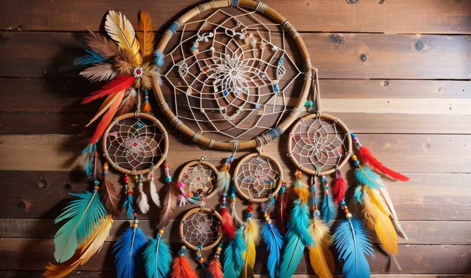 DIY Projects Using Feathers: an image featuring a vibrant, bohemian-inspired dreamcatcher adorned with an array of colorful feathers, delicately tied with twine.