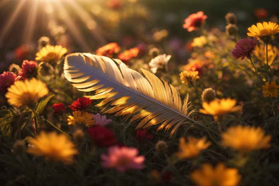 Symbolic Significance of Feathers. a solitary feather delicately resting on a vibrant bed of blooming wildflowers, with rays of golden sunlight illuminating its intricate patterns, evoking the symbolic significance of feathers.