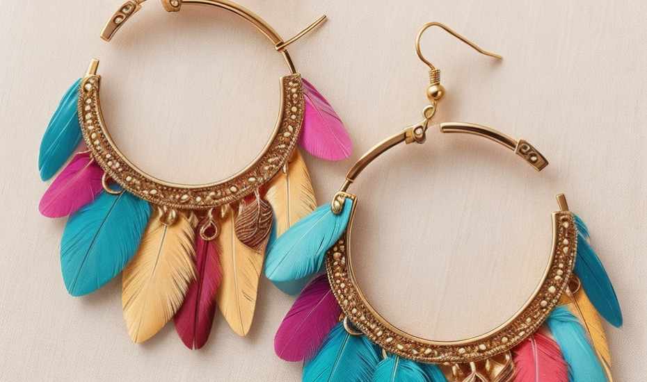 a close-up of vibrant, handcrafted feather earrings