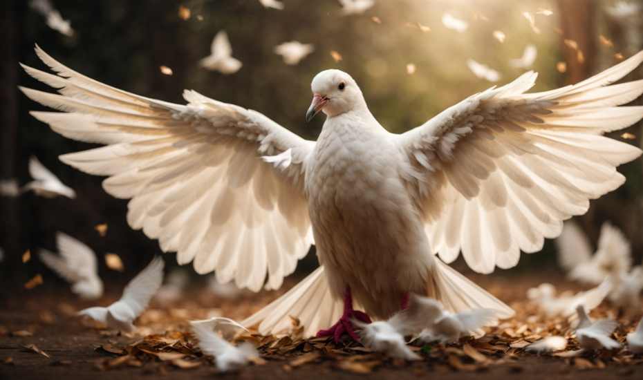 Dove Feather Meaning: A delicate white dove, its feathers illuminated by the soft, pink hues of a tranquil sunset.