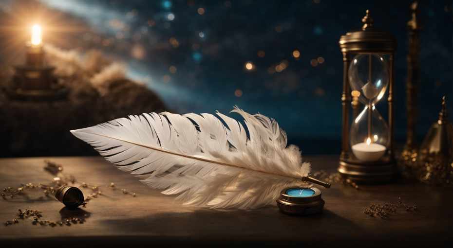 Dove Feathers as Spiritual Symbols: A delicate dove feather floats above a cosmic backdrop; surrounding it, a glowing compass indicates guidance, an hourglass signifies life's transitions, a budding plant represents new beginnings, and a distant lighthouse beams, symbolizing hope and promise.