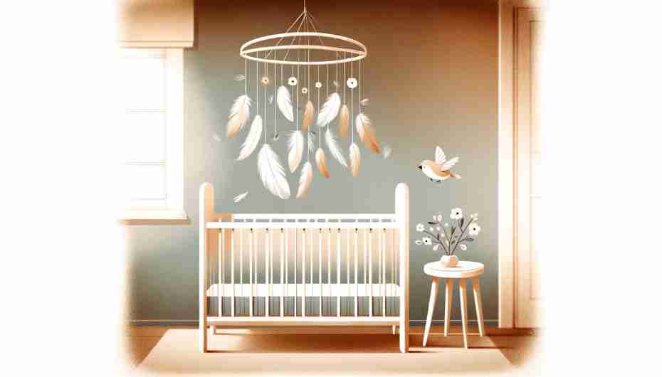 Child's bedroom with a sparrow feather mobile and a playful sparrow.
Child's bedroom with a sparrow feather mobile and a playful sparrow.