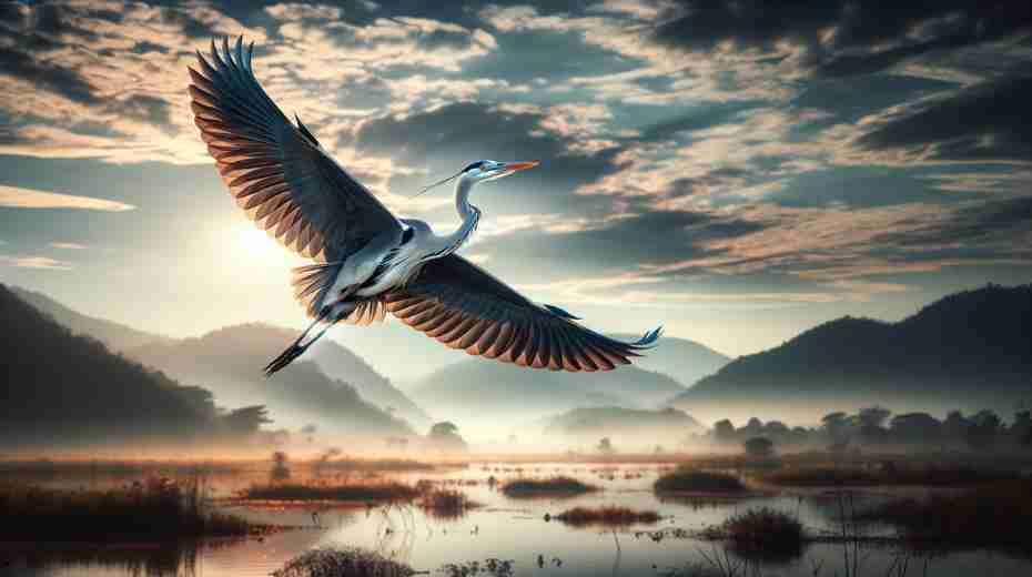 A majestic heron in flight, showcasing its full wingspan against a serene sky and natural landscape, emphasizing its connection to both air and water.