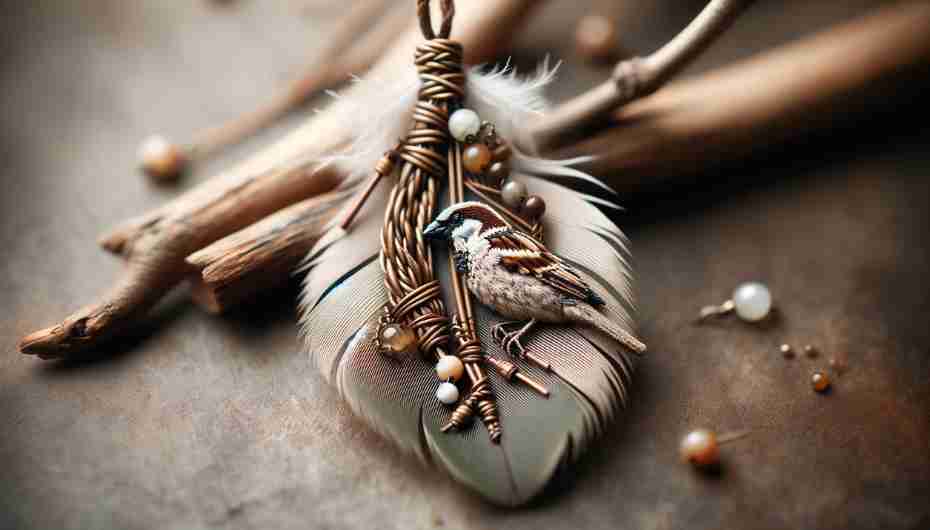 Sparrow feather pendant in handmade jewelry with a sparrow in the background.