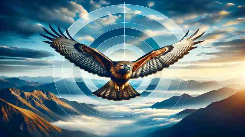 Hawk Feather Symbolism: A majestic hawk soaring high in the sky, focusing its sharp eyes, set against a backdrop of expansive blue skies and distant mountains