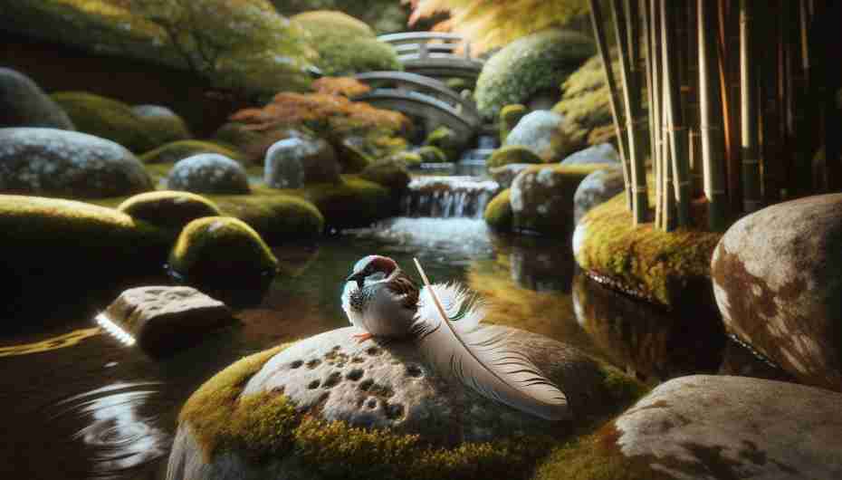 Sparrow feather in a Japanese-style garden, reflecting wabi-sabi principles.