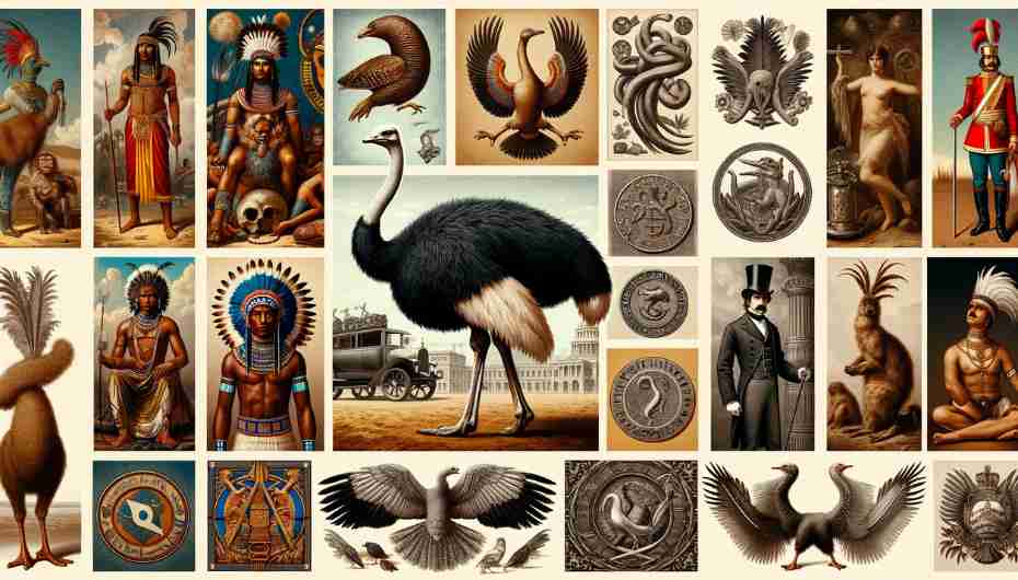 A collage depicting the symbolic significance of ostrich feathers in various cultural and historical contexts, with an added image of a realistic ostrich.