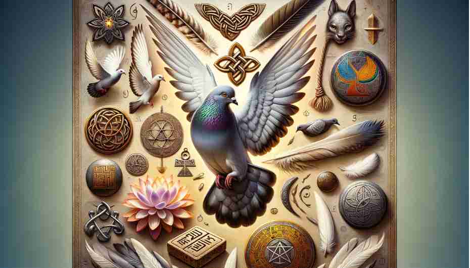 Pigeon Feather Meaning: A pigeon alongside various cultural and spiritual symbols, such as a dove, a lotus flower, Celtic knots, and Egyptian hieroglyphics.