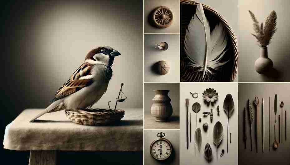 Collage of vintage-inspired items featuring a sparrow, feathers, and natural elements in a sepia tone, symbolizing the decorative appeal of sparrow feathers.