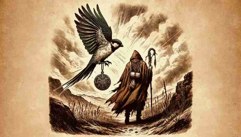 Traveler with a sparrow feather amulet for protection and a flying sparrow.