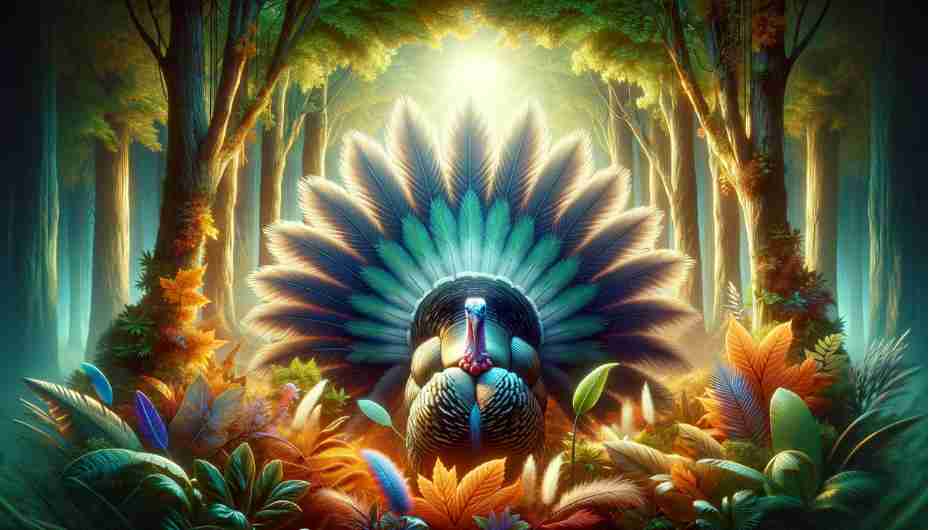 A majestic turkey with its feathers displayed in a lush forest setting, symbolizing abundance and freedom.