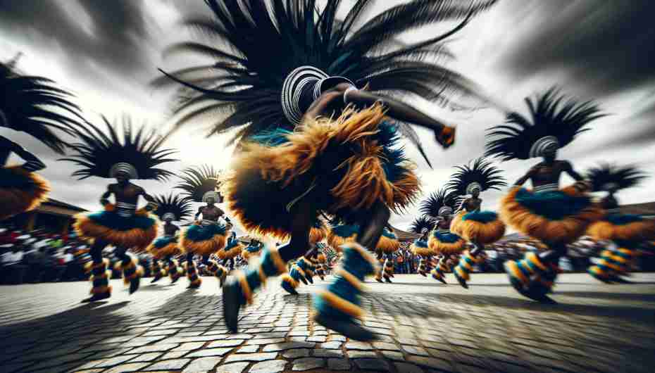 A traditional African dance, featuring performers in ostrich feather costumes. The motion in the image is captured with a slight blur to convey movement, set against a vibrant, culturally rich background.