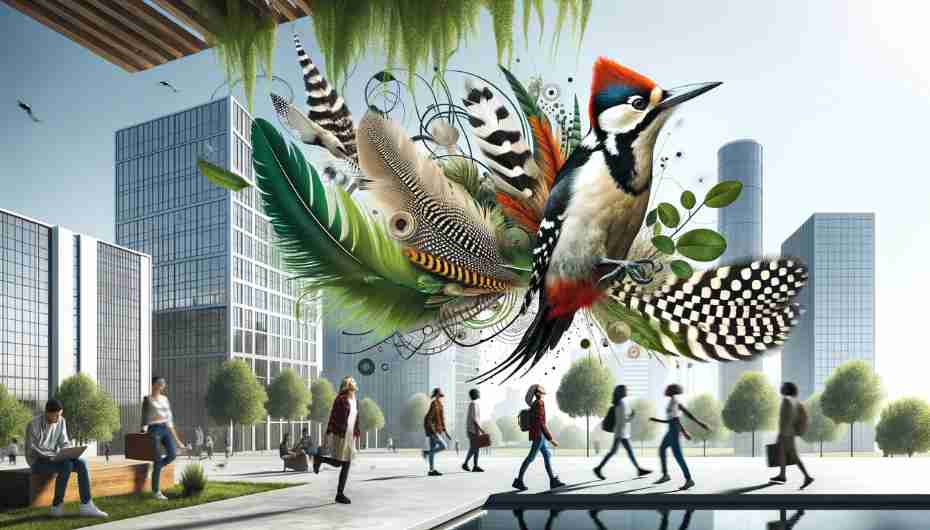 Contemporary representation of woodpecker feathers' influence in modern life.