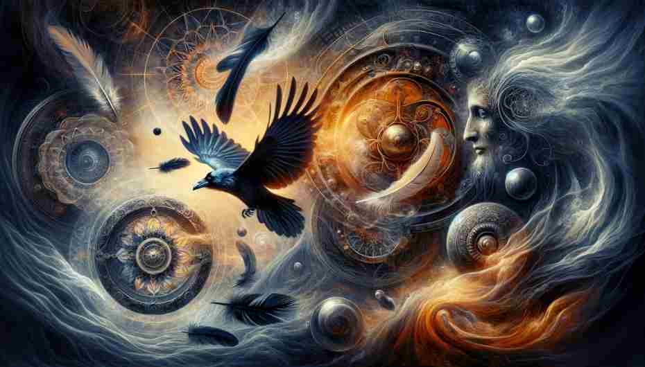 An image that captures the themes of the soul's journey, transcendence through change, and awakening higher insight, symbolized by raven feathers.