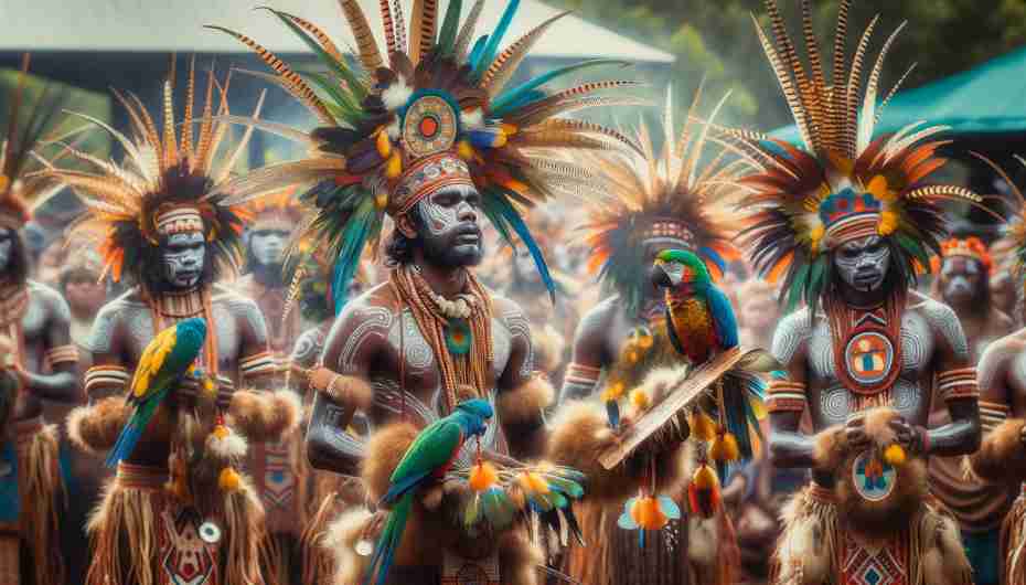 Indigenous Australians wearing parrot feather costumes during a ritual