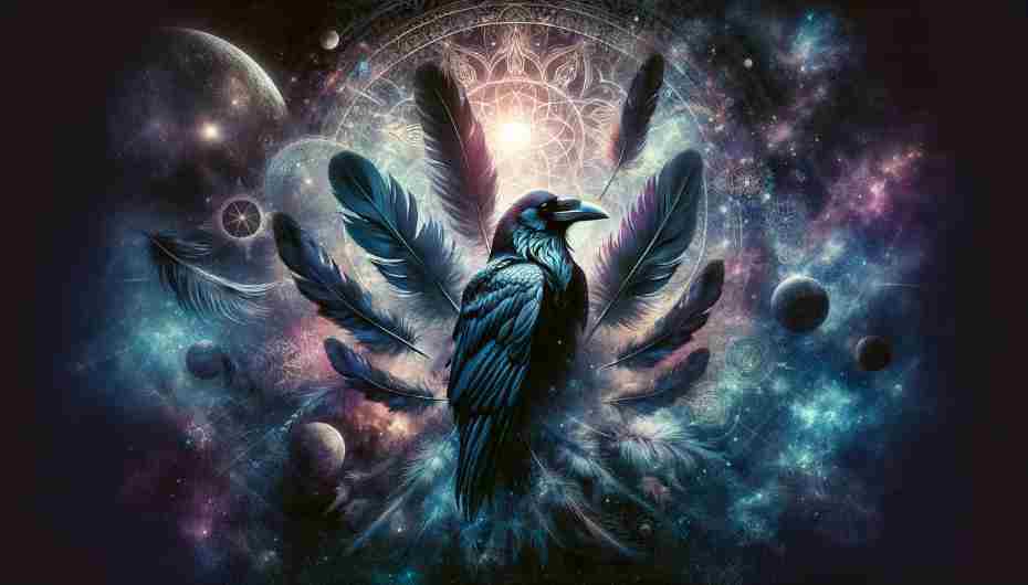 An image depicting raven feathers against a cosmic background, symbolizing mystery and magic.
