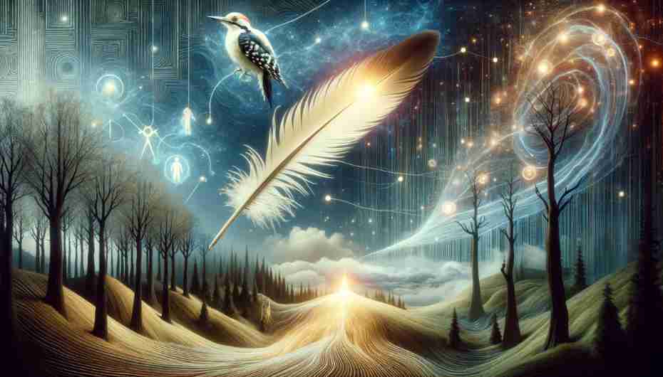 Mystical and dream-like portrayal of woodpecker feathers, symbolizing dream symbolism.