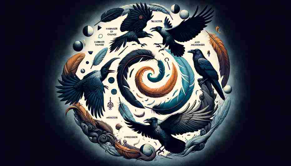 An image depicting the raven archetype in various symbolic forms, such as a harbinger of change, trickster, and messenger. 