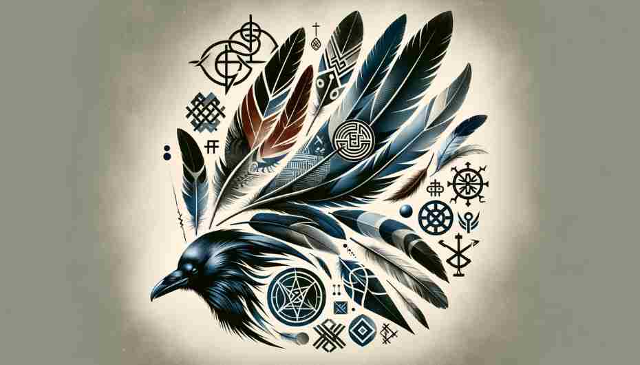 Artistic blend of raven feathers with Native American, Norse, and Celtic symbols.