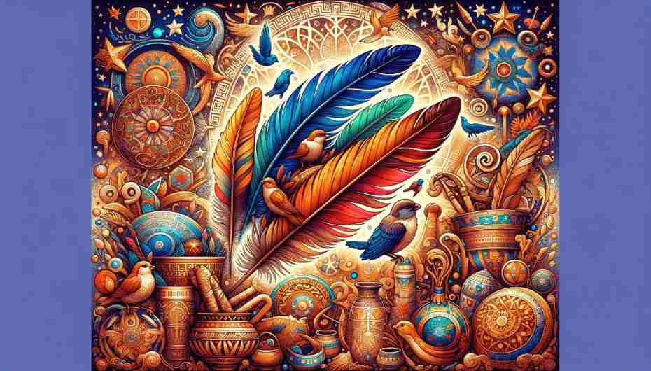 Tapestry of sparrow feathers interlaced with cultural symbols from Greek, European, Hindu, and Native American folklore against a starry background.