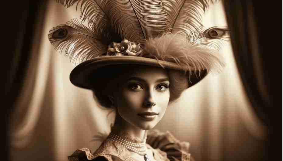 A Victorian-era woman in a sophisticated setting, wearing a hat adorned with ostrich feathers, shot with a shallow depth of field to focus on the feathers.