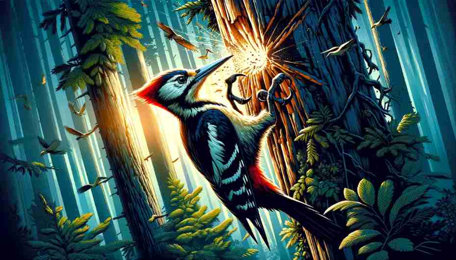 A woodpecker in action, symbolizing persistence and resilience in nature.