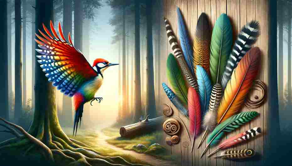 Majestic woodpecker surrounded by intricate feathers in a serene forest, symbolizing opportunity and persistence.