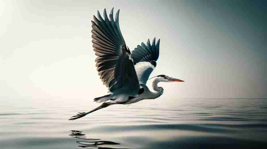 A heron in flight, exuding a sense of serene beauty and purpose as it skims the water's surface or soars against a backdrop of clear skies.