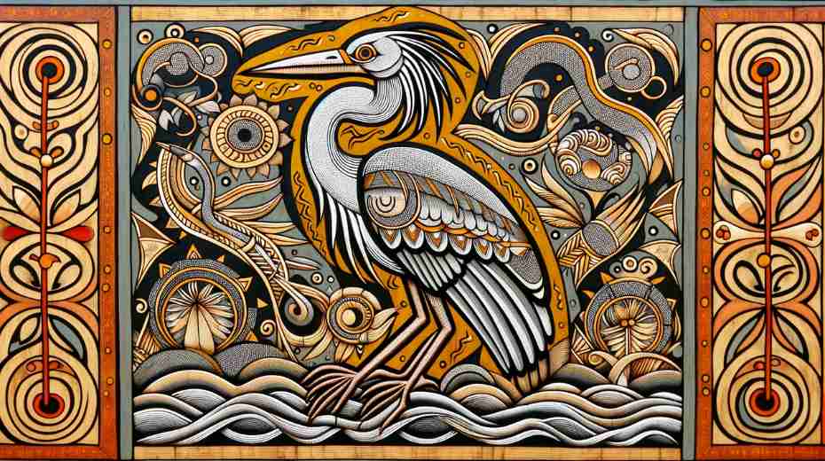 African artistic representation of the heron, highlighting its significance in African mythology and cultural symbolism.