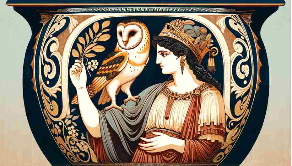 An ancient Greek vase painting style image depicting the goddess Athena with her symbolic owl. 