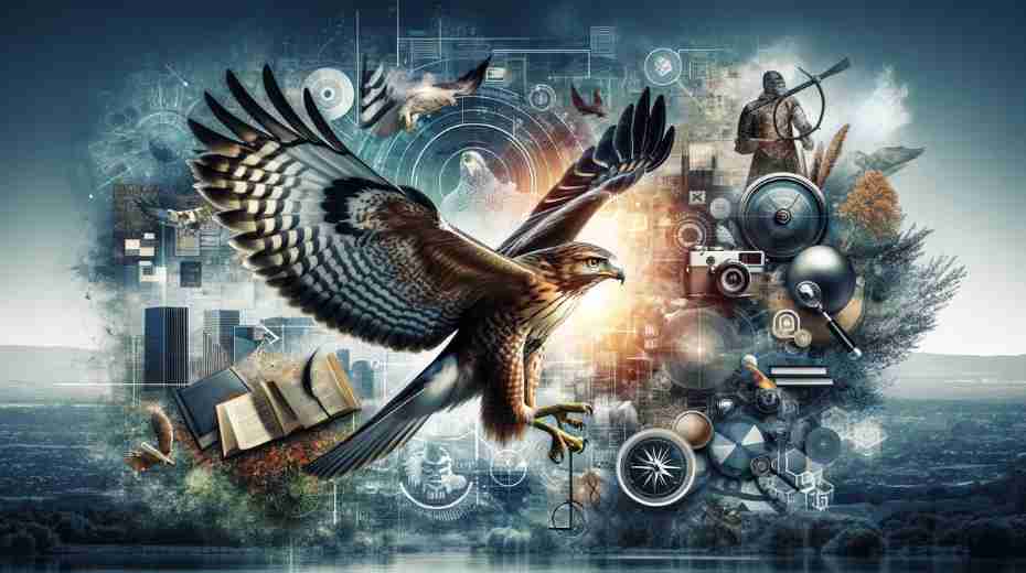 Contemporary Interpretations: A majestic hawk in flight at the center of the image, symbolizing vision and insight, with sharp and focused eyes. To the left, subtle references to literature and media, such as an open book and a film reel, representing the hawk's role in storytelling and cinema.