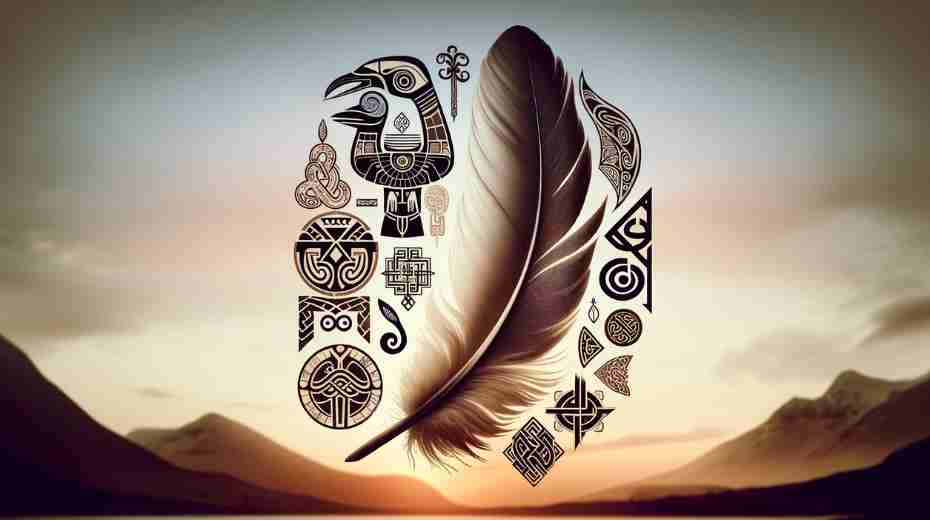 Historical and Cultural Significance of Goose Feather Meaning: A stylized image that showcases a collage of cultural elements associated with goose feathers, including Native American totems, Egyptian hieroglyphs, Norse runes, and Celtic knots, all converging around an elegant goose feather. 