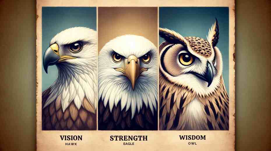 Feather Symbolism Across Species: A creative depiction of three distinct birds: a hawk representing Vision, an eagle representing Strength, and an owl representing Wisdom. 