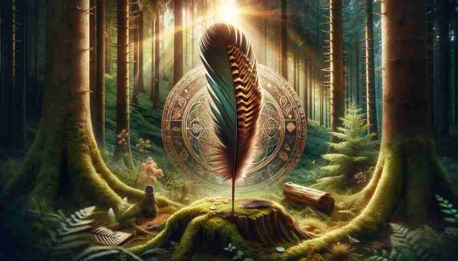 Image depicting the discovery of a turkey feather in nature, evoking a sense of wonder and spiritual connection. 
