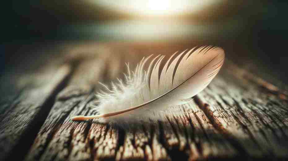 Symbolic Significance of Goose Feathers: Delicate goose feather symbolizing journey and migration on a rustic wooden surface with a soft natural background, conveying perseverance, unity, and resilience.