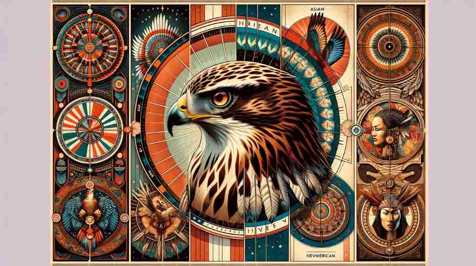 Hawk Feather Symbolism in Different Cultures: A collage representing the hawk in various cultural contexts: Native American, European, and Asian. Each part of the collage shows the hawk in a style resonant with that culture's art and symbolism.
