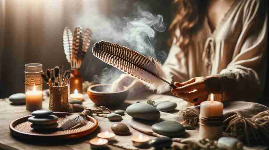 A serene and mystical image of a hawk feather being used in a smudging ceremony. The scene shows a person holding a hawk feather to waft the sacred smoke, surrounded by calming elements like candles and natural stones. 