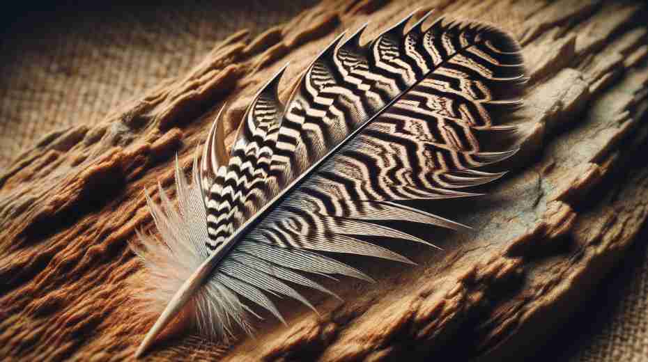 A close-up view of a beautifully detailed hawk feather, with sharp, pointed shape and intricate patterns.