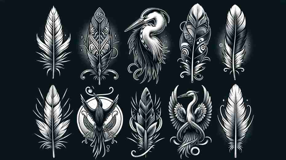 A selection of diverse heron feather tattoo designs, each capturing the unique symbolism and personal expression associated with the heron feather in body art.