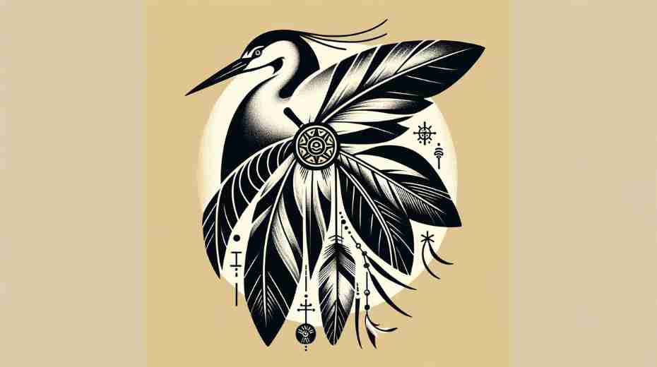 A symbolic representation of the heron in Native American culture, featuring the heron feather as a spiritual messenger, depicted with elements of purity, wisdom, and strength. The image should include cultural symbols and possibly a headdress or regalia to reflect the heron's significance in Native American ceremonies.