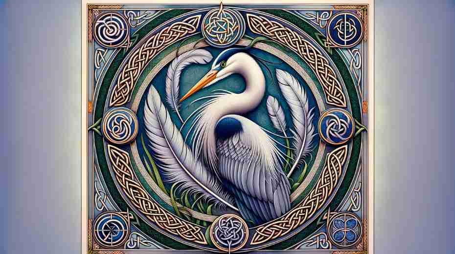 Celtic artwork depicting the symbolism of heron feathers, with intricate, symbolic designs incorporating the ethereal beauty of heron feathers.