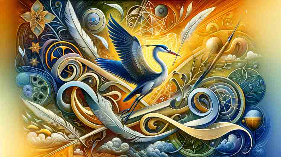 A creative and symbolic depiction of the heron's quill in literature, illustrating its use as a metaphor for wisdom, spiritual seeking, and the journey towards enlightenment.