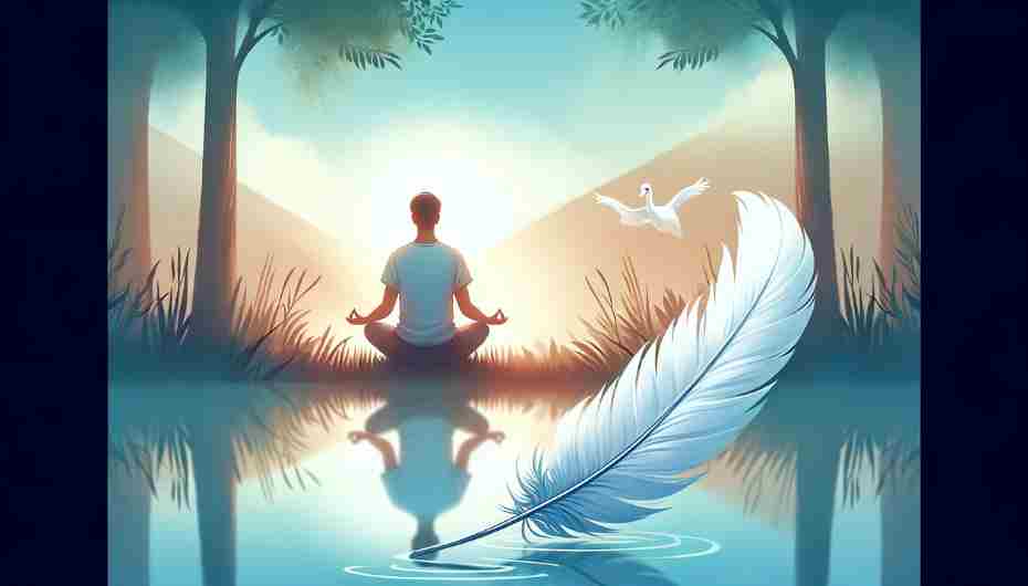 A tranquil scene of a person meditating beside a calm lake with a swan feather gently floating on the water.