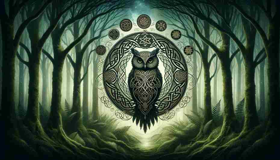 Owl Feathers in Celtic Lore: A Celtic-inspired mystical forest with an owl silhouette.