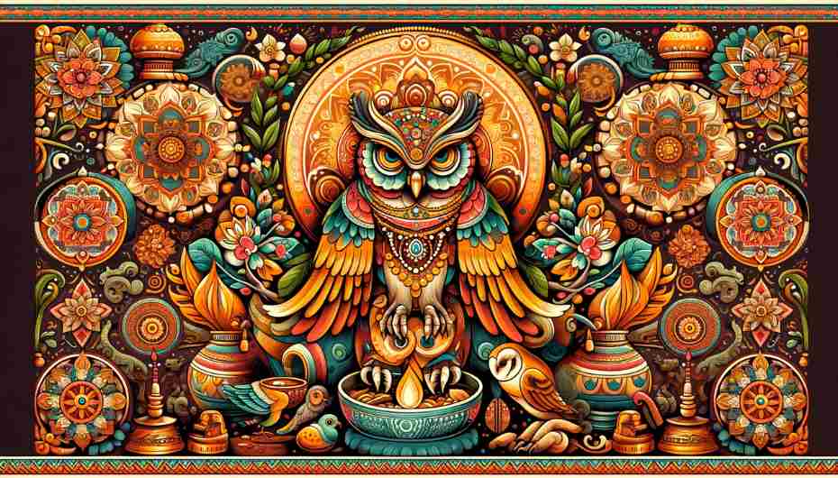 Owl Feathers in Hinduism: An artistic representation of a Hindu scene with an owl symbolizing Lakshmi, the goddess of wealth.