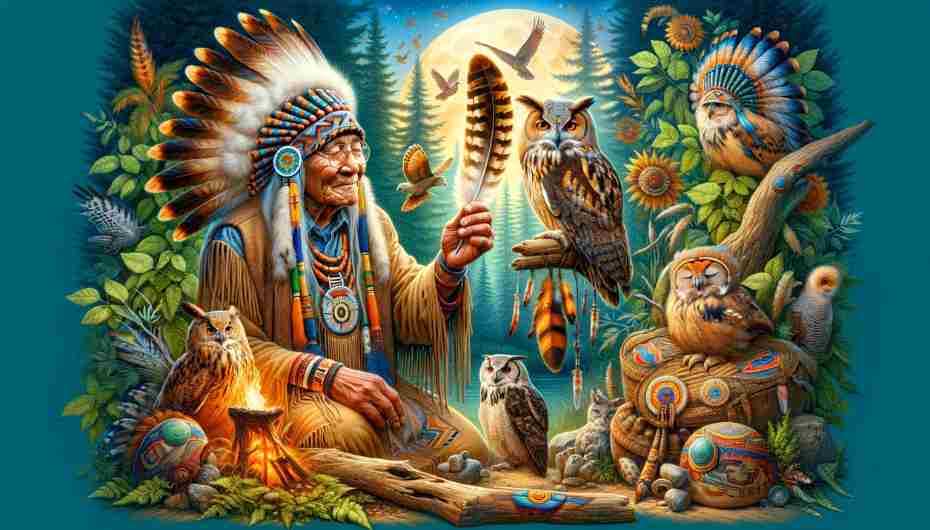 Owl Feathers in Native American Culture: A serene Native American scene with an elder holding an owl feather.