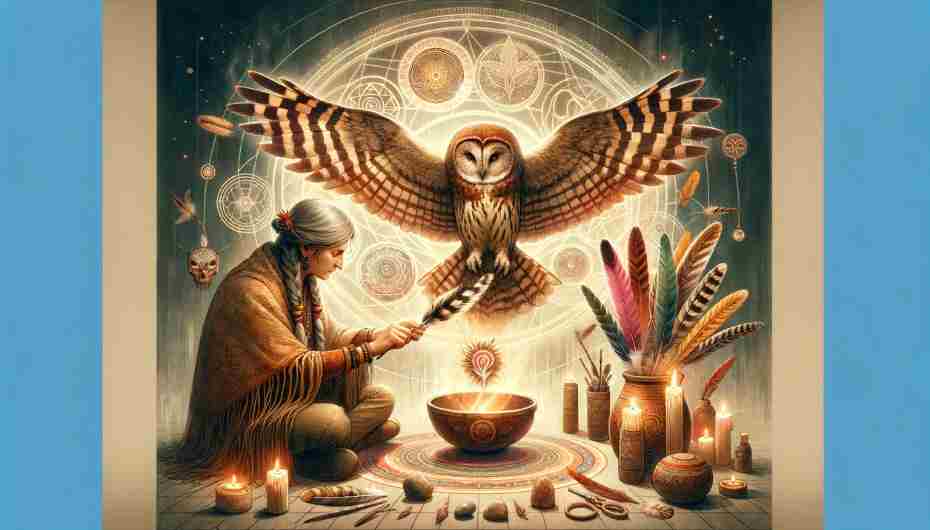 Owl Feathers in Shamanic Practices: A shamanic ritual scene with a practitioner using owl feathers in a ceremony