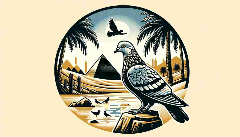 An illustration of pigeons in a stylized Egyptian landscape, showcasing an Ancient Egyptian aesthetic. 