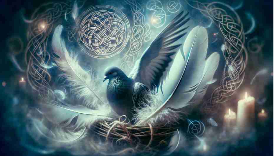 Pigeon Feathers in Celtic Culture: A mystical-looking scene featuring pigeon feathers, possibly with Celtic knots or symbols in the background.